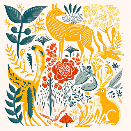 High Resolution: Intricate colorful illustration features various stylized animals and plants in vibrant yellow teal blue-green hues against a white background with a standing fox and birds like cranes download. | HRJPG.com