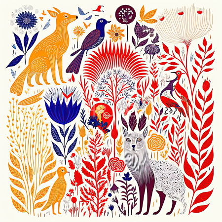 High Resolution: Intricate colorful illustration features various stylized animals and flowers in vibrant reds blues yellows oranges purples against a white background including foxes and bluebirds download. | HRJPG.com