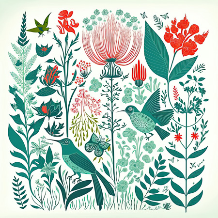 High Resolution: Intricate illustration in a flat color style features two green birds amidst various stylized flowers and foliage on a white background including red poppies and pink thistles download. | HRJPG.com