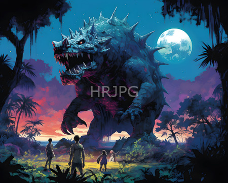 High Resolution: Four small silhouetted human figures stand in awe before an enormous blue-scaled monster with sharp spikes and glowing red eyes under a full moonlit sky amidst tropical foliage download. | HRJPG.com