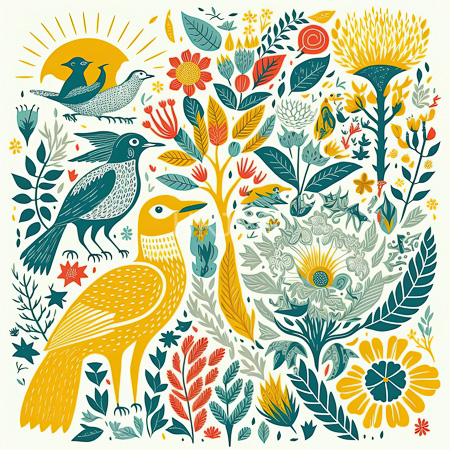 High Resolution: Intricate colorful illustration features various birds and flowers in vibrant teal yellow red orange hues on a white background including detailed blue-gray sparrows download. | HRJPG.com