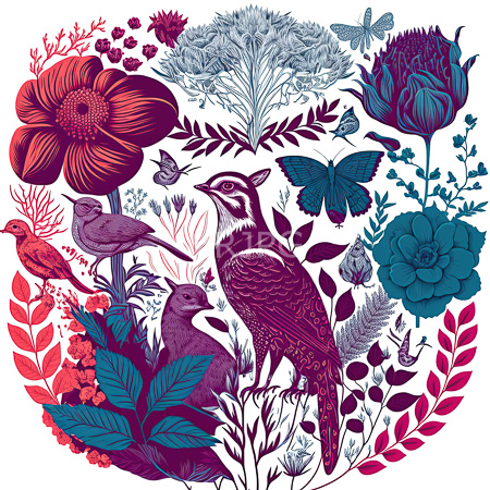 High Resolution: Vibrant contrasting illustration features various birds and butterflies amidst detailed flowers with intricate patterns red poppies dominate the top left and teal roses occupy the upper right corner download. | HRJPG.com