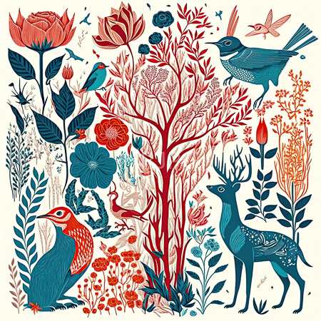 High Resolution: Intricate illustration in vibrant reds and blues features various birds deer with detailed antlers and butterflies flying around roses and delicate leaves download. | HRJPG.com