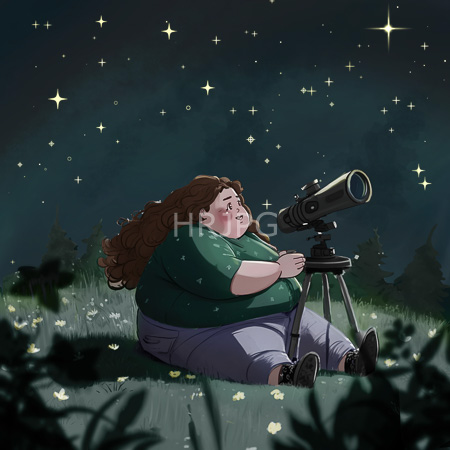 High Resolution: Overweight woman with long brown hair sits on grass at night under a starry sky using a telescope mounted on a tripod amidst small white flowers download. | HRJPG.com