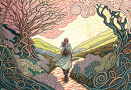 High Resolution: Ethereal landscape with intricate swirling patterns framing it features a lone figure in flowing green and white robes walks along a winding path lined by purple flowers download. | HRJPG.com