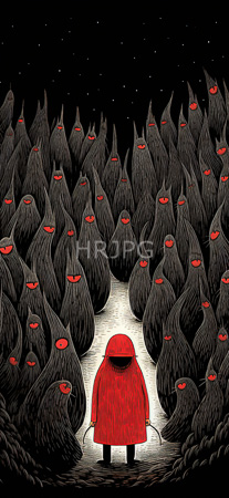 High Resolution: Eerie night scene features numerous tall black tentacle-like creatures with red eyes surrounding a small figure in a bright red hooded cloak standing on a glowing path download. | HRJPG.com
