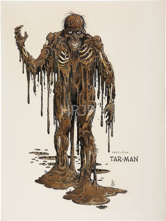 High Resolution: Intricately detailed drawing of a grotesque humanoid figure covered in thick brown tar-like substance that drips from its body and limbs onto the white background download. | HRJPG.com