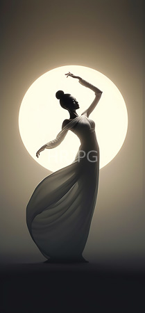 High Resolution: Elegant silhouetted figure dancing against a large circular light source in a dark background wears a flowing off-shoulder dress with hair styled in a bun download. | HRJPG.com