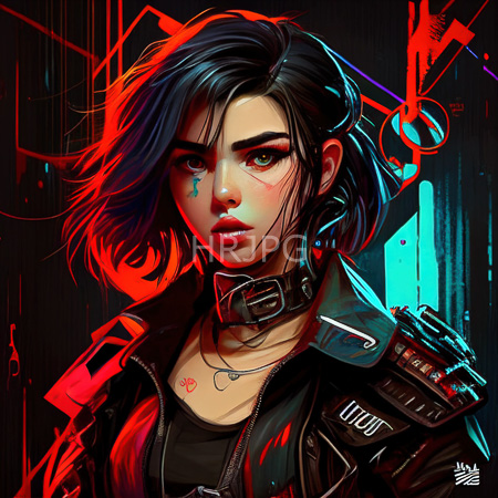 High Resolution: Intense young woman with dark blue hair and green eyes wears a black leather jacket adorned with patches and red makeup resembling tears or scars download. | HRJPG.com