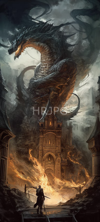 High Resolution: Enormous menacing dragon with dark scales and glowing eyes hovers above a burning town square centered around a tall stone tower emitting orange flames download. | HRJPG.com