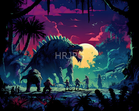High Resolution: Intense jungle scene at sunset with vibrant purples and pinks in the sky contrasting against deep blues on land with a massive spiked reptilian predator download. | HRJPG.com