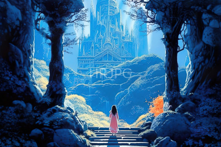 High Resolution: Ethereal forest scene with blue hues features tall trees framing steps leading to towering castle structures in soft focus at dawn or dusk light with a lone figure ascending download. | HRJPG.com