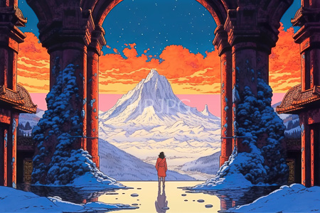 High Resolution: Anime-style scene with vibrant colors features a lone figure in red standing under snow-covered arches facing a large mountain at sunset or sunrise with icy reflections on water below download. | HRJPG.com