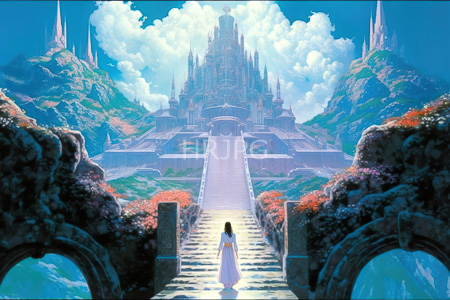 High Resolution: Ethereal scene with lush rocky mountains and vibrant flora framing a grand staircase leading to towering castle structures with a lone woman ascending in flowing white robes download. | HRJPG.com
