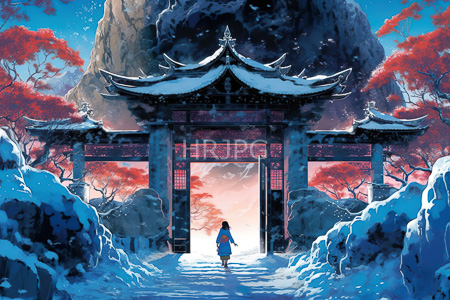 High Resolution: Anime-style scene features a lone figure walking through a snow-covered path towards a traditional gate adorned in red accents under a vibrant pink-orange sunset sky download. | HRJPG.com