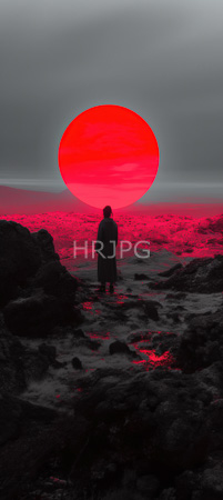 High Resolution: Silhouetted figure in a long coat stands on a rocky shore facing a large red celestial body setting over a dark ocean under gray clouds download. | HRJPG.com