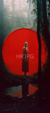 High Resolution: Androgynous figure with short blonde hair wears a long red coat standing in front of a large circular neon-red backdrop within a foggy forest download. | HRJPG.com