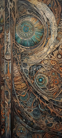 High Resolution: Intricate artwork features complex geometric and organic patterns in earthy tones of brown gold teal blue black with swirling lines resembling clockwork mechanisms download. | HRJPG.com