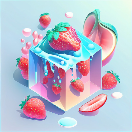 High Resolution: Iridescent transparent cube filled with melting blue icing is surrounded by vibrant red strawberries of varying sizes against a gradient pastel background download. | HRJPG.com
