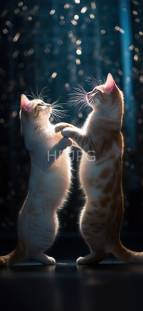High Resolution: Two orange and white tabby kittens stand on their hind legs facing each other with paws touching in an affectionate gesture under soft blue lighting download. | HRJPG.com