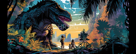 High Resolution: Three human figures stand in front of an enormous detailed reptilian predator with green scales amidst lush tropical foliage at sunset download. | HRJPG.com