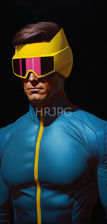 High Resolution: Muscular figure with brown hair wears a blue and yellow zip-up suit with a bright pink visor over the eyes on futuristic headgear highlighting defined chest muscles download. | HRJPG.com