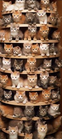 High Resolution: Twelve adorable kittens varying in color from white to orange tabby and gray are arranged on six wooden shelves forming an upright spiral staircase-like pattern download. | HRJPG.com