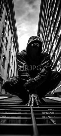 High Resolution: Black-and-white photograph of an anonymous hooded figure in dark leather clothing and gloves crouching on metal stairs between tall buildings download. | HRJPG.com