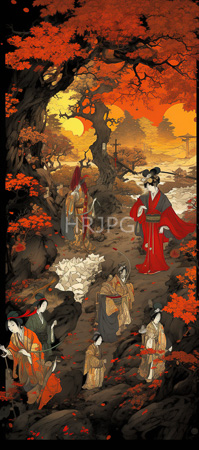 High Resolution: Intricate traditional Japanese woodblock print depicts six women in vibrant kimonos with red and orange hues standing amidst autumnal trees under a golden sunset sky download. | HRJPG.com