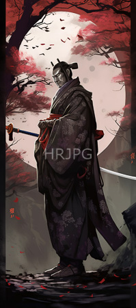 High Resolution: Elderly gray-skinned figure with traditional Japanese attire and a topknot hairstyle stands under cherry blossoms in front of a large full moon at dusk holding a sheathed sword download. | HRJPG.com