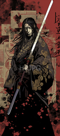 High Resolution: Intense muscular figure with long black hair wears ornate dark robes adorned in gold patterns holding a sheathed sword across the chest against a red-brown abstract background with Japanese characters download. | HRJPG.com
