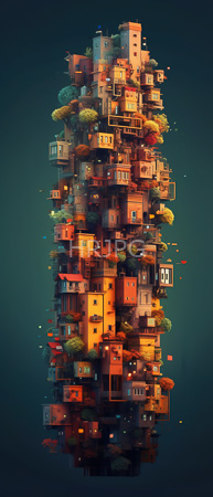 High Resolution: Intricately stacked vertical cityscape of colorful buildings with varied textures and styles against a dark teal background featuring balconies adorned with greenery download. | HRJPG.com