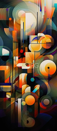 High Resolution: Abstract intricate colorful geometric pattern with overlapping circles and rectangles in vibrant hues of orange yellow blue green red black white against a dark teal background download. | HRJPG.com