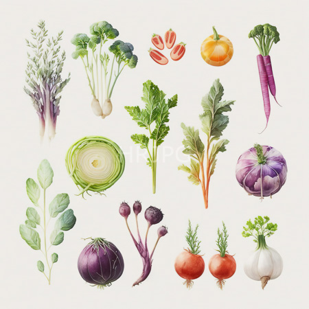 High Resolution: Intricate watercolor-style illustration features various vegetables leafy greens like kale and lettuce and root vegetables such as purple-skinned carrots and red beets download. | HRJPG.com
