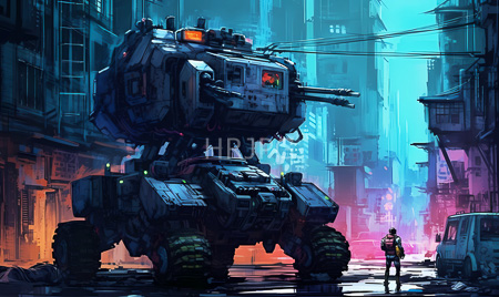 High Resolution: Urban neon-lit street features a towering futuristic armored vehicle in the center a large and bulky design with thick tires and multiple antennae download. | HRJPG.com