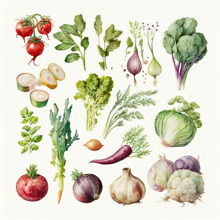 High Resolution: A detailed watercolor collection highlights spinach and other leafy greens in multiple shades juxtaposed with vibrant red tomatoes download. | HRJPG.com
