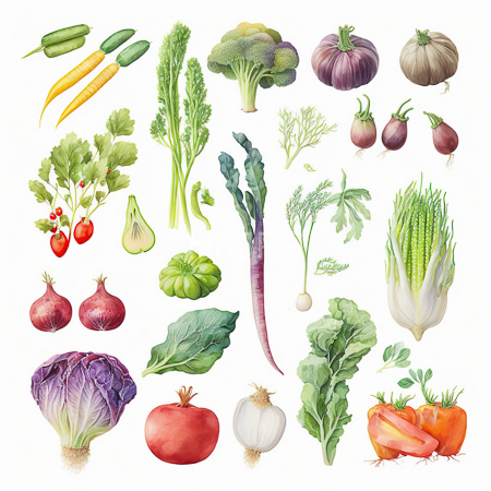 High Resolution: Key elements include carrots retaining their green tops purple broccoli heads and brownish-purple pumpkins alongside prominent white garlic download. | HRJPG.com