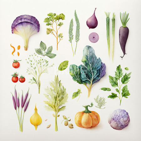 High Resolution: The arrangement is defined by cabbage leaves exhibiting distinct purple color tones and green leafy plants resembling spinach download. | HRJPG.com