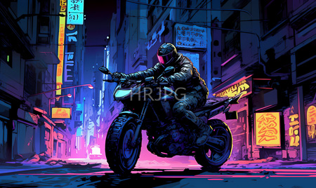 High Resolution: Armored figure riding a motorcycle in a neon-lit futuristic urban alleyway with vibrant blue and pink lighting from signs above shops download. | HRJPG.com
