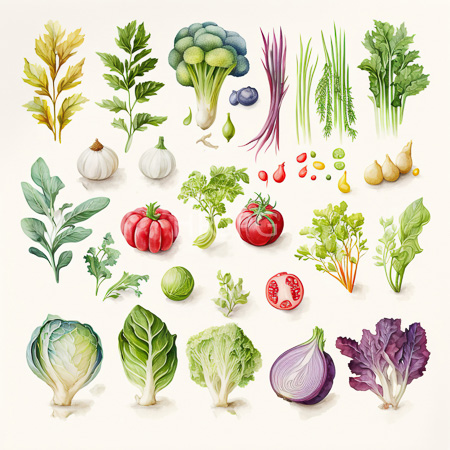 High Resolution: Intricate watercolor illustration features fresh vegetables and herbs arranged in rows with vibrant green leafy plants and broccoli florets download. | HRJPG.com