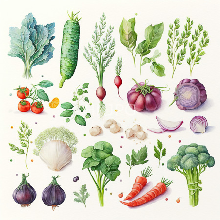High Resolution: Intricate watercolor illustration features fresh vegetables and herbs including leafy greens cucumbers with green stripes and radishes both whole and sliced download. | HRJPG.com