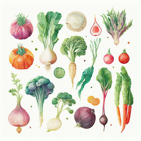 High Resolution: Colorful watercolor collection includes purple-skinned pumpkins red tomatoes and orange garlic bulblets in a unique orange shape download. | HRJPG.com
