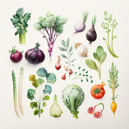 High Resolution: Intricate watercolor illustration features leafy greens like kale with purple stems and small brown-skinned onion varieties and whole garlic bulbs download. | HRJPG.com