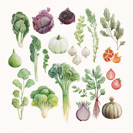 High Resolution: Intricate watercolor illustration features cabbage with purple leaves green broccoli florets attached to thick stalks showing roots download. | HRJPG.com