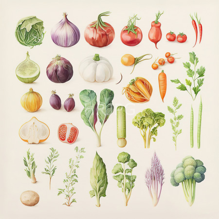 High Resolution: Intricate botanical illustration features vegetables and fruits including cabbage with green leaves purple onions in whole form and white pumpkins download. | HRJPG.com