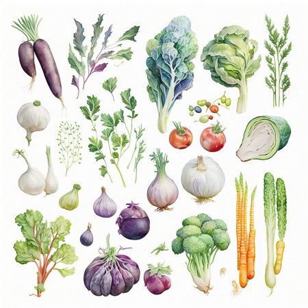 High Resolution: Intricate watercolor collection features beetroots radishes garlic bulbs lettuce heads and tomatoes both whole and halved in different stages download. | HRJPG.com