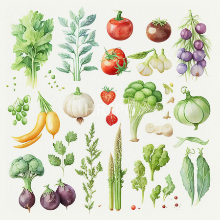 High Resolution: Intricate watercolor collection features leafy greens like lettuce and tomatoes in red and purple hues with clusters of yellow-green fruit download. | HRJPG.com