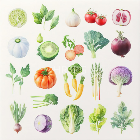 High Resolution: Intricate watercolor illustration features over twenty distinct vegetables and fruits arranged in rows including cabbage heads and red tomatoes sliced to show seeds download. | HRJPG.com