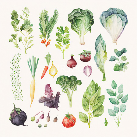 High Resolution: Intricate watercolor illustration features fresh vegetables and herbs with vibrant greens reds purples yellows and oranges including leafy kale and broccoli heads download. | HRJPG.com