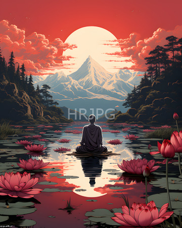 High Resolution: Figure in dark robes sits cross-legged on lily pads at sunset over tranquil water with pink lotus flowers and reflections of mountains download. | HRJPG.com